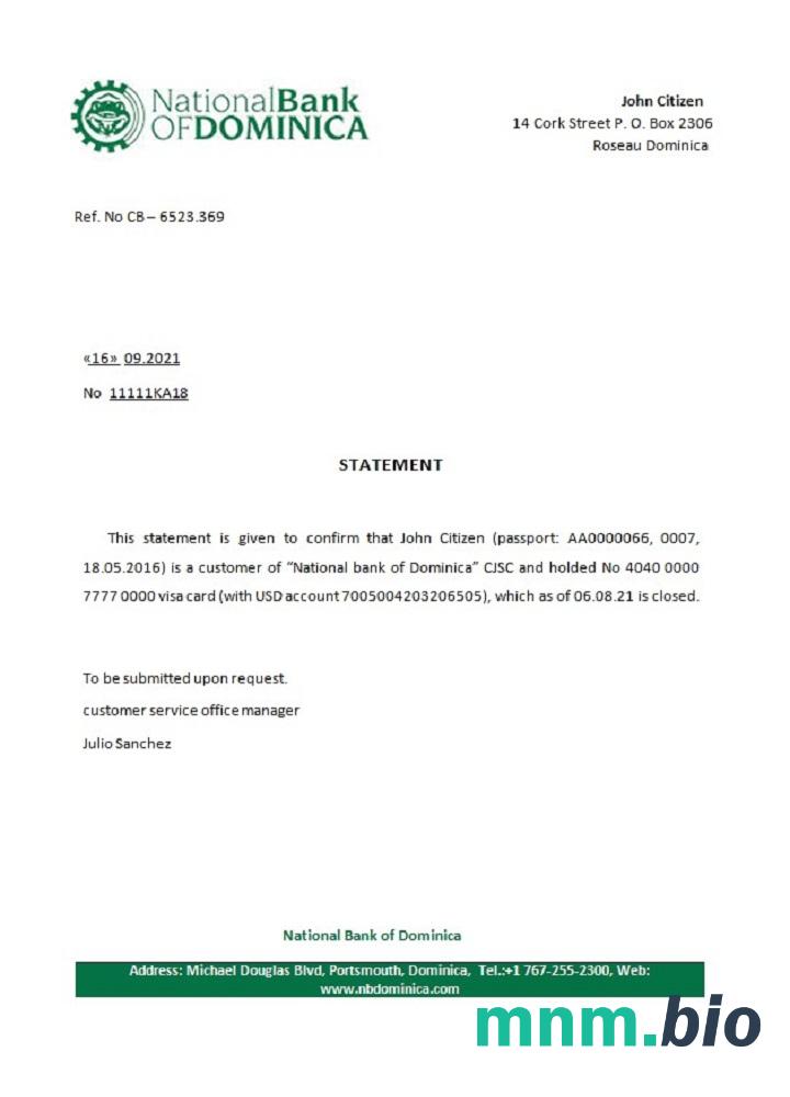 Przykład odniesienia do zamknięcia Dominicia National Bank of Dominica w formatach Word i PDF